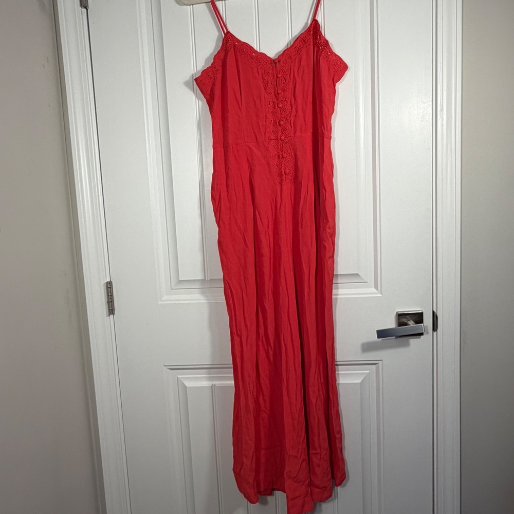 Free People Coral Red Lace Pant Jumpsuit/Romper Size 10 Inseam 24.5"